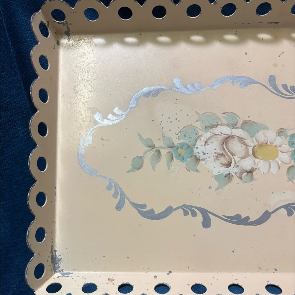 Vintage Hand-Painted “ Toleware” Floral Cream/Peach Decorative Tray